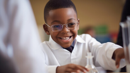 Excited Young Black Elementary School Boy Smiling While Engaged in Science Project at School: African American Elementary School Student in STEM Science Class. Generative Ai