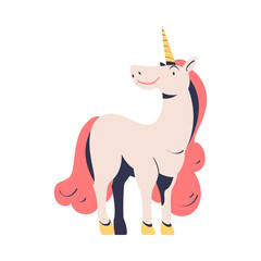 Slender Unicorn with Pink Mane and Horn as Fairytale Character Vector Illustration
