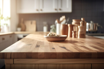 Naklejka na ściany i meble Wooden table background on blurred modern kitchen. generative ai