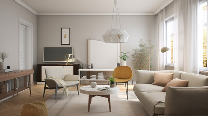 Naklejka na ściany i meble Design interior living room with sofa and armchair in pastel color, generative ai