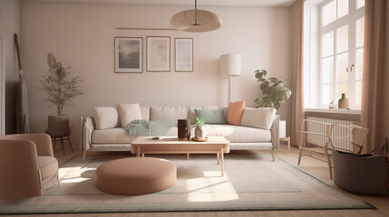 Fototapeta na wymiar Design interior living room with sofa and armchair in pink color, generative ai