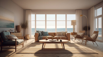 Naklejka na ściany i meble living room design with large windows and sea view, generative ai