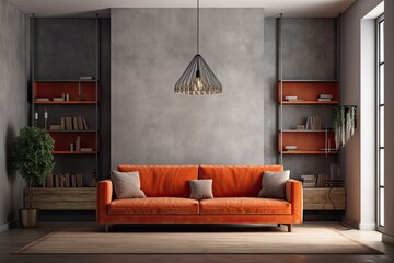 cozy living room with an inviting orange couch and bookshelves. Generative AI