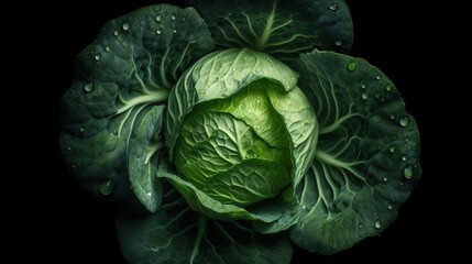 Fototapeta premium Green cabbage with drops of water on a black background