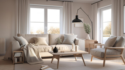 Naklejka na ściany i meble Design interior living room with sofa and armchair in pastel color, generative ai
