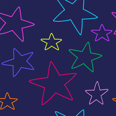 Fototapeta premium Pattern with colorful childrens doodle stars drawn on dark background