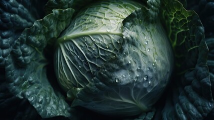 Obraz premium Green cabbage with drops of water on a black background