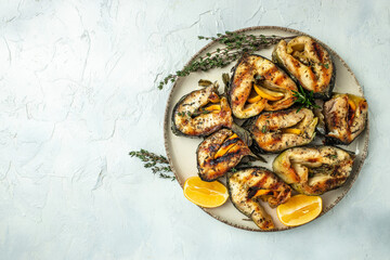 Delicious sturgeon steaks are grilled on a light background, Restaurant menu, dieting, cookbook...