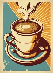 Vintage retro cups of coffee. Advertising poster 50s, 60s, coffee sale. Grunge poster.