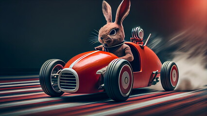 A rabbit in racing goggles is driving at top speed with Generative AI.
