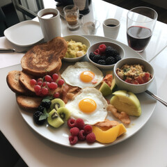 breakfast with coffee,  eggs, avocado, AI generated