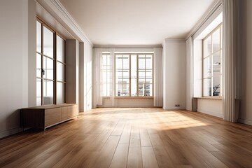Illustration of an empty room with natural lighting and wooden flooring. Generative AI