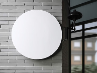 Blank circle round white signboard on the wall outdoor, mock up for logo design, brand presentation for companies, shops.