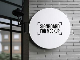 Circle round white signboard on the wall outdoor, mock up for logo design, brand presentation for...