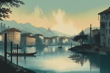 Fototapeta premium blue lake in a beautiful city, vintage art, Generative AI