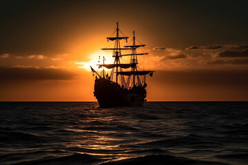 Obraz premium Amazing sunrise or sunset on the ocean or sea with vintage pirate ship in the distance and sun. Old wood or wooden sailboat crusing. Ai generated