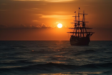 Amazing sunrise or sunset on the ocean or sea with vintage pirate ship in the distance and sun. Old wood or wooden sailboat crusing. Ai generated