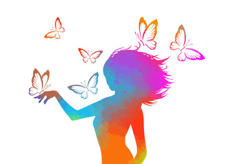 Silhouette colorful girl profile with flying butterflies. Vector illustration