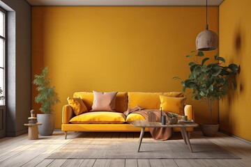 cozy living room with a yellow couch and potted plants. Generative AI