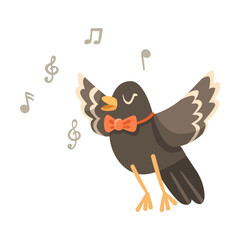 Crow Student Wearing Bow Tie Singing Studying at School Vector Illustration