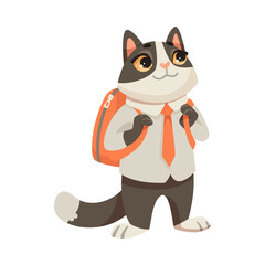 Cat Student Standing with Backpack Studying at School Vector Illustration
