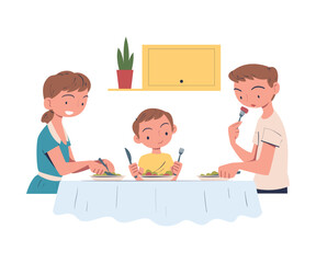 Family in the Kitchen Sitting at Table and Eating Tasty Dinner Vector Illustration