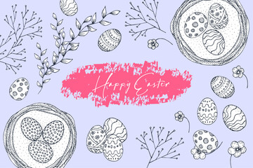 Happy Easter. Hand drawn Easter eggs, spring flowers and branches collection. Retro style sketch