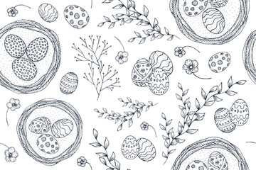 Happy Easter. Hand drawn Easter eggs, spring flowers and branches collection. Retro style sketch. Seamless background for the holiday
