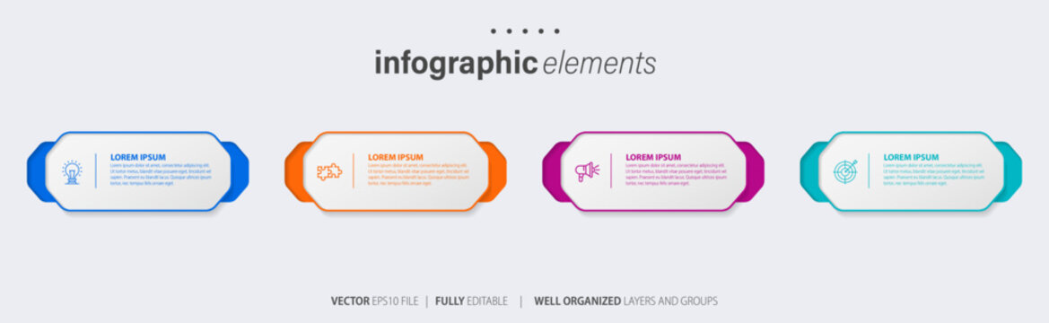 Business infographic element process template design with icons and 4 options or steps. Vector illustration.
