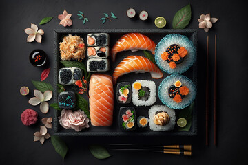 Top view of a delicious variety of sushi rolls, Japanese seafood on a dark table. Generative AI