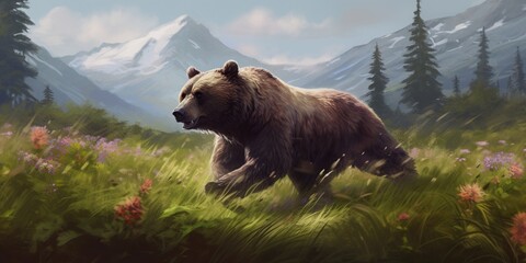 majestic bear galloping through a serene meadow symbolizing freedom strength and beauty of nature, created with Generative AI technolo