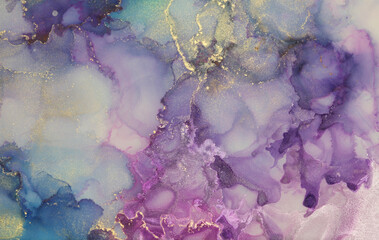 Alcohol ink and watercolor. Art Smoke abstract blue, violet and gold glitter color horizontal background. Marble texture.
