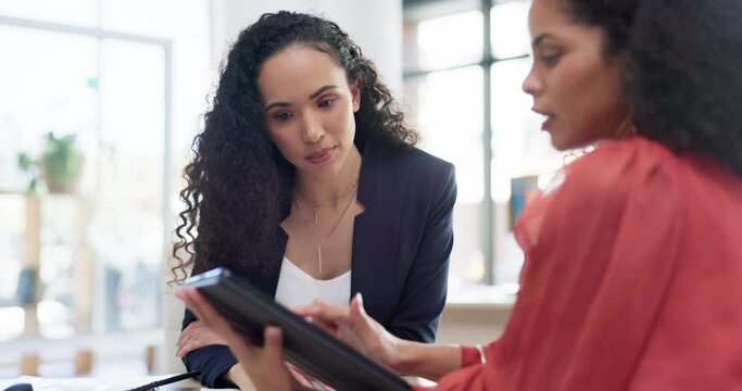 Teamwork, tablet and business women in office helping coworker with project. Coaching, collaboration and intern in training talking to mentor with touchscreen technology for learning in company.