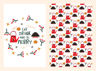 Merry Christmas Card and Pattern with Pie,Cookies,red Teapot,greenery and stars. vector set for posters,decor,textile,cards and more