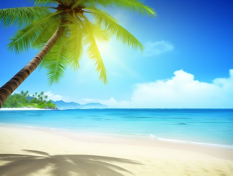 tropical beach with palm tree and blue sky, summer vacation background