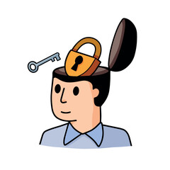 Man with lock in his head. Concept of reception of psychologist and psychiatrist. Solving mental problems, Psychotherapeutic counseling. Patient with psychological trouble