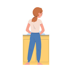 Woman Character Washing Dishes Standing at Sink in the Kitchen Vector Illustration