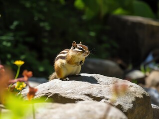Chipmunk standing on a rock in the garden and looking at camera