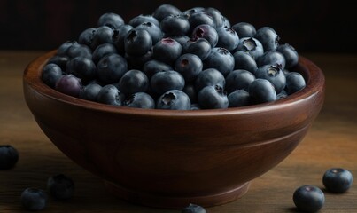  a wooden bowl filled with blueberries on top of a table.  generative ai