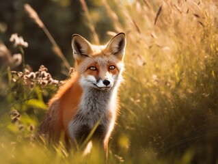 Fototapeta premium Red fox in the field at sunset, close-up portrait.