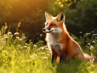 Red fox sitting on the grass at sunset. Beautiful wild animal.