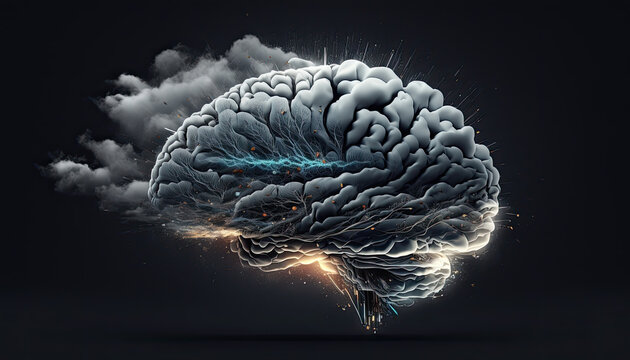Steaming superbrain merging with technology, showing electrical activity, artifical intelligence concept, Banner,  generative ai