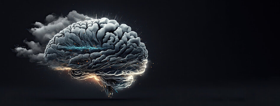 Steaming superbrain merging with technology, showing electrical activity, artifical intelligence concept, Banner,  generative ai