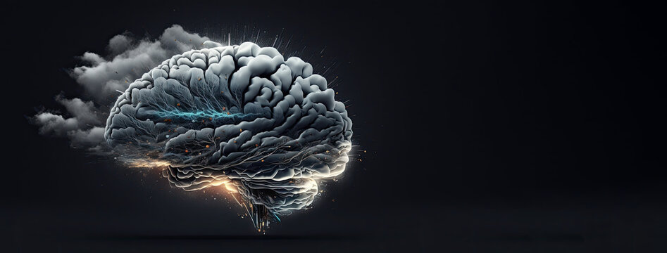 Steaming superbrain merging with technology, showing electrical activity, artifical intelligence concept, Banner,  generative ai