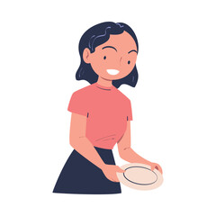Woman Character Putting Plate on Table at Kitchen Vector Illustration