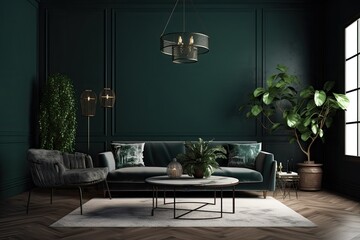 modern living room with green walls and a black couch. Generative AI