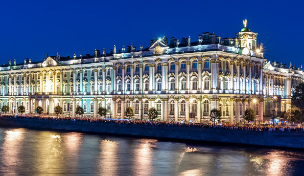 Hermitage (Winter Palace) and Neva river at night, Saint Petersburg, Russia