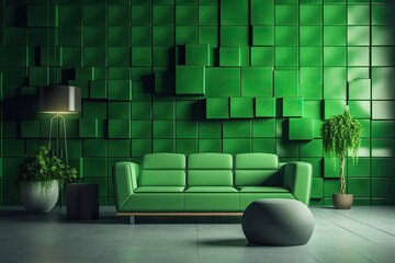modern living room with a bright green accent wall and a comfortable couch. Generative AI