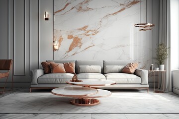 luxurious living room with marble walls and furniture. Generative AI