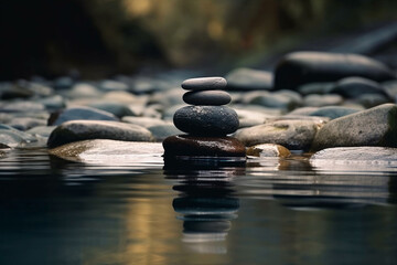 Zen stones stacked on river meditation and zen concept. Balance and stability, relaxation and peace. Natural therapy contemplation theraphy. Ai generated